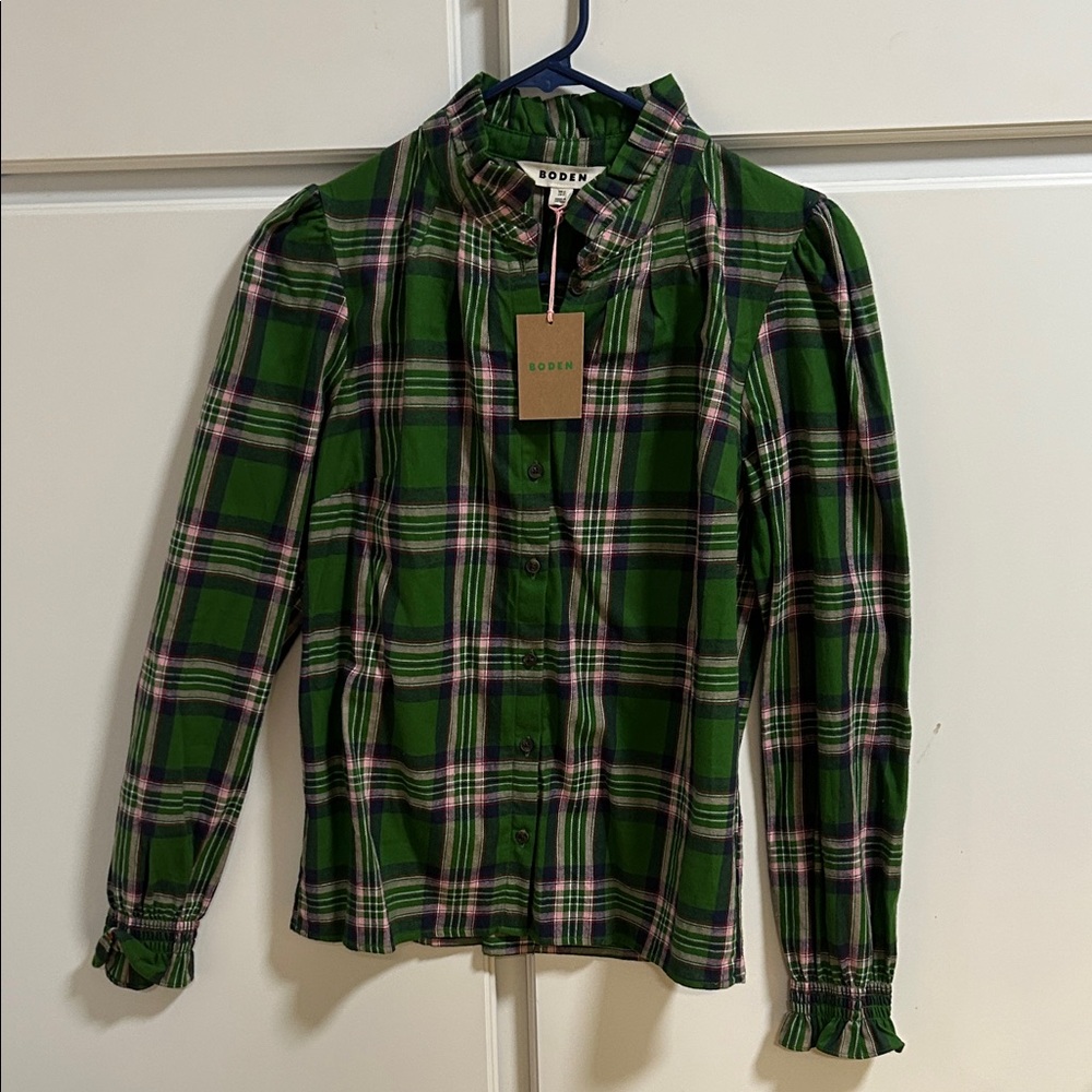Boden Green and Pink Flannel Plaid Women's Top NWT
